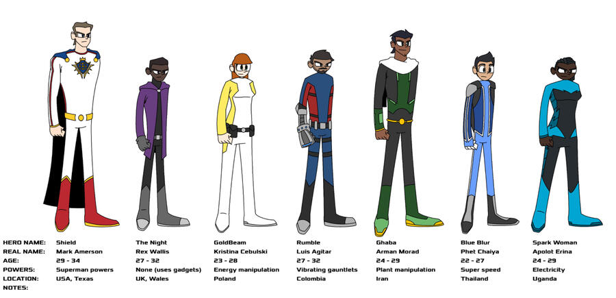 Designs of minor and background characters for a superhero series
